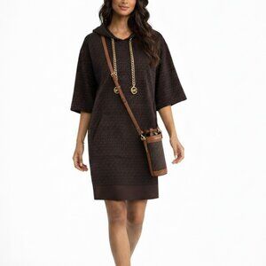MICHAEL KORS MONOGRAM PRINT HOODED DRESS CHOCOLATE BROWN GOLD CHAIN NWT SIZE L